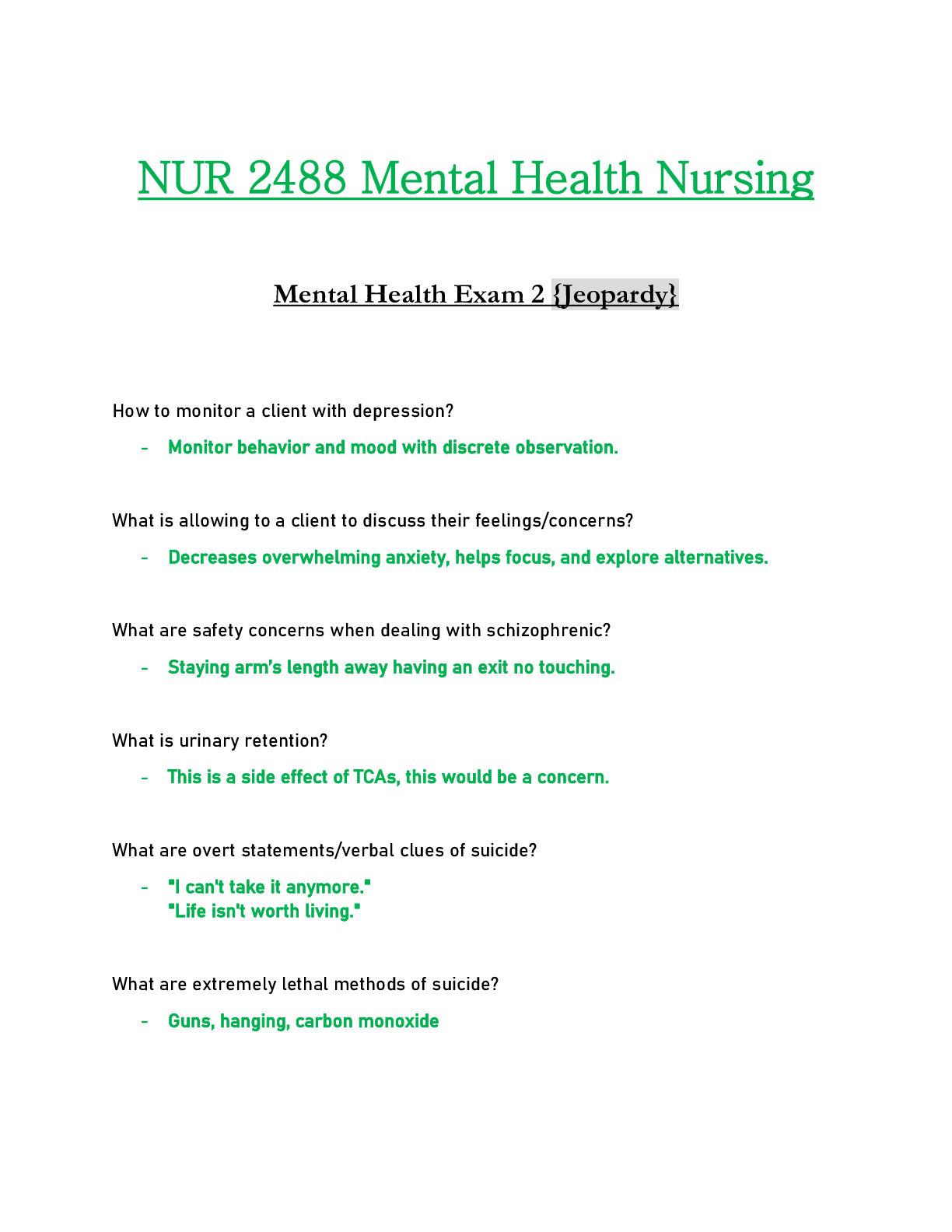NUR2488 / NUR 2488 Exam 2 {Jeopardy} Mental Health Nursing - Rasmussen